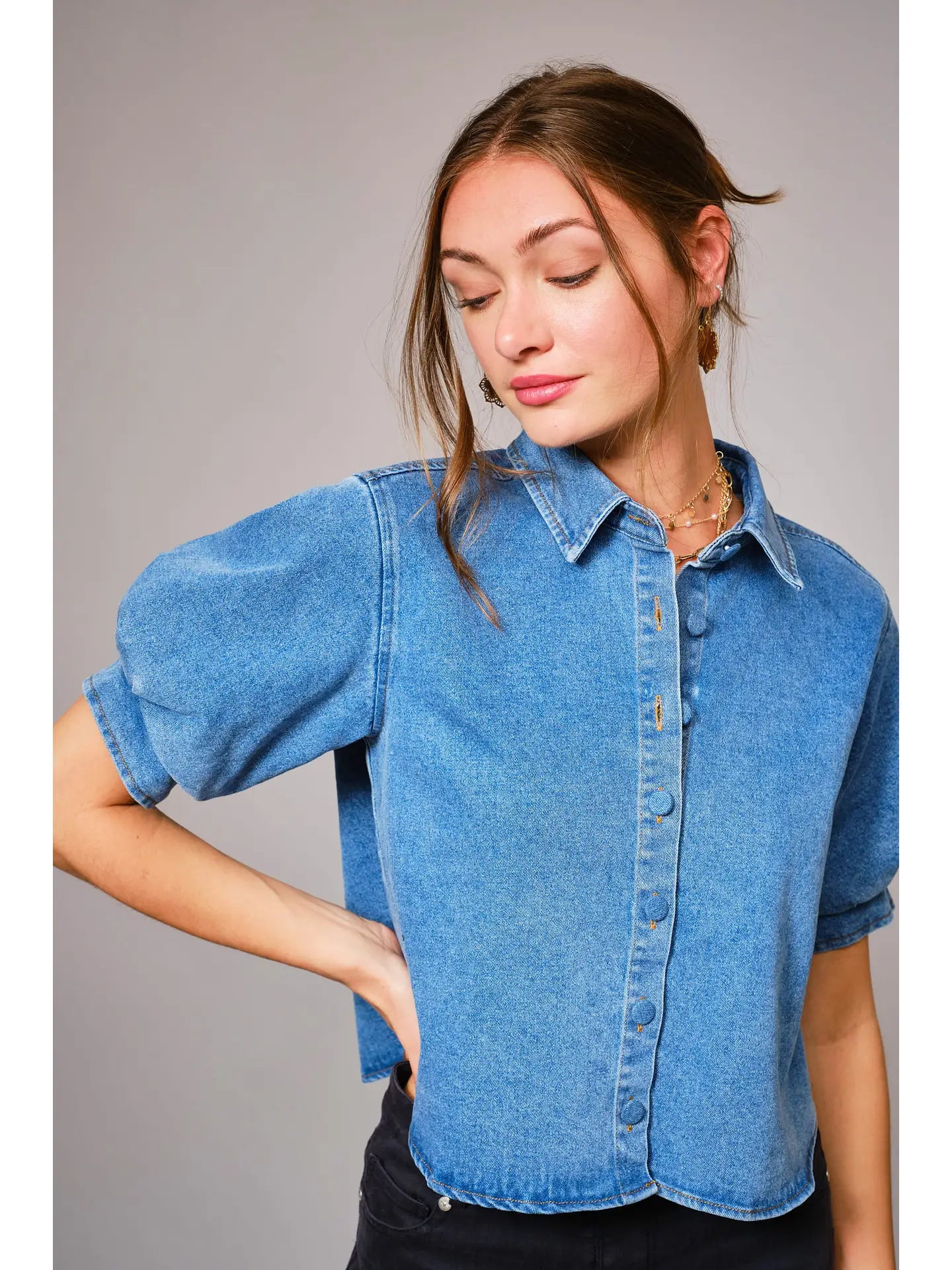 Puff Short Sleeve Button Down Denim Shirt