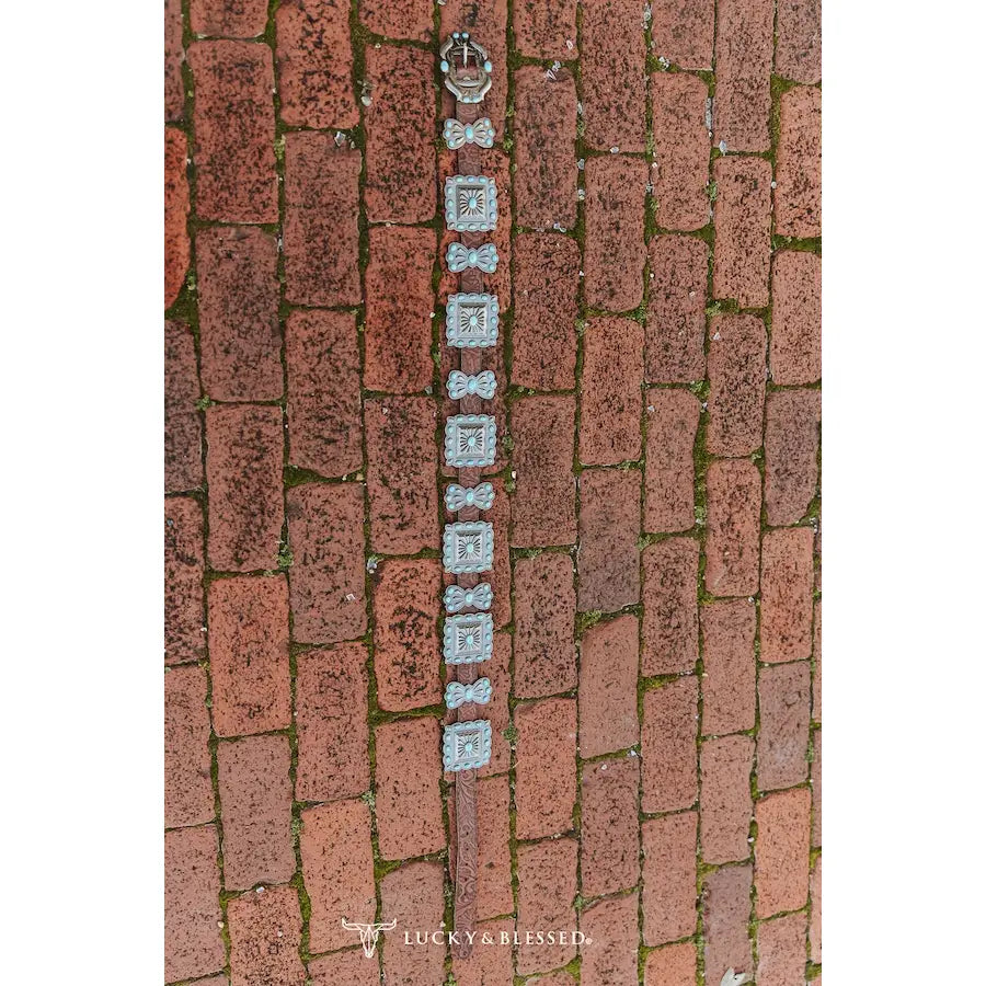 Lucky and Blessed Tooled Leather Turquoise Stone Ribbon Concho