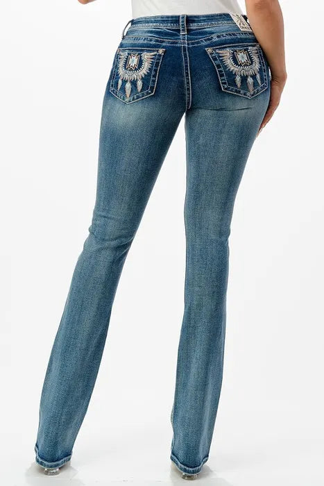 Grace in LA Wmns Jeans with Embroidery Easy Fit Boot Cut Blue Denim