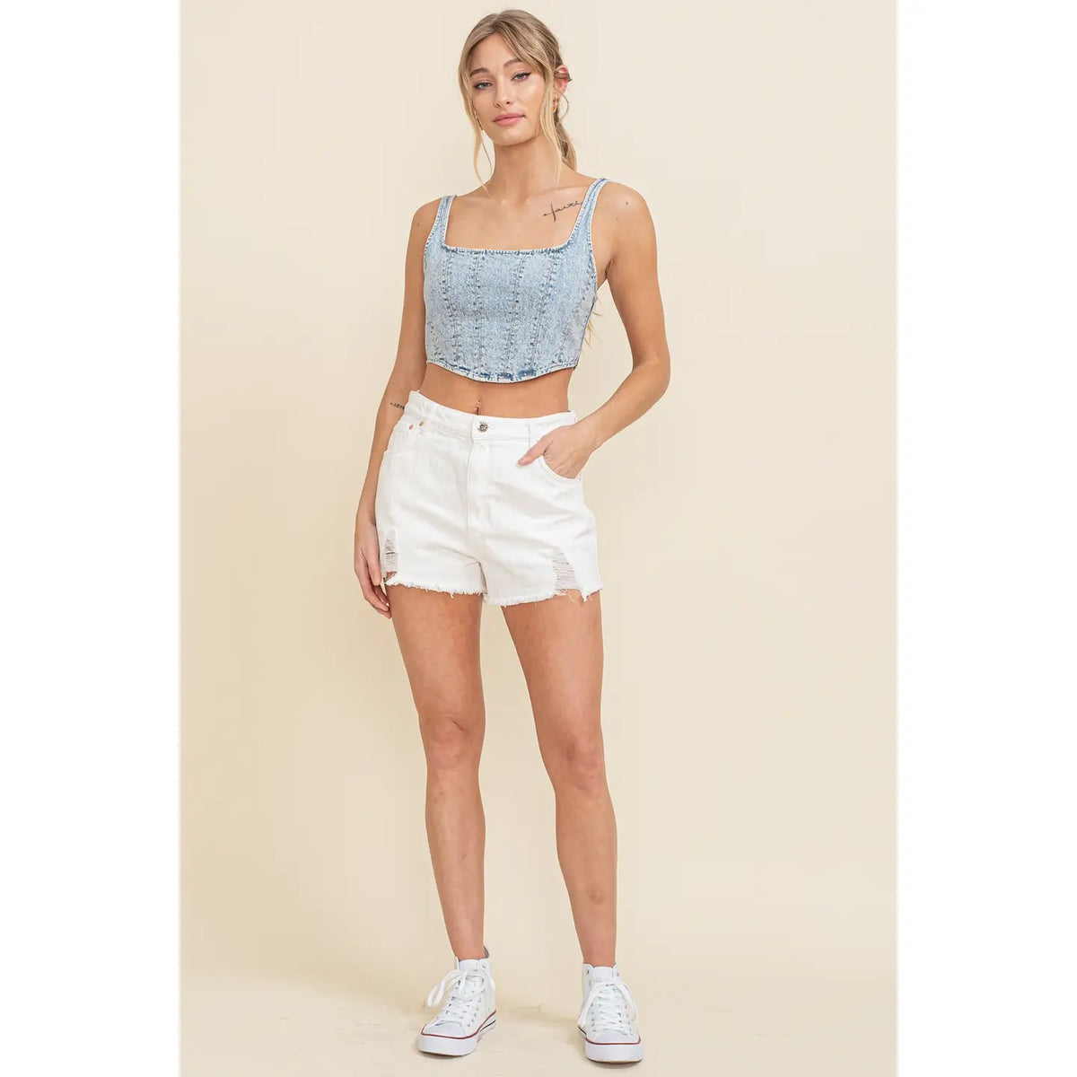 Rhinestone Detail Acid Wash Denim Corset Top