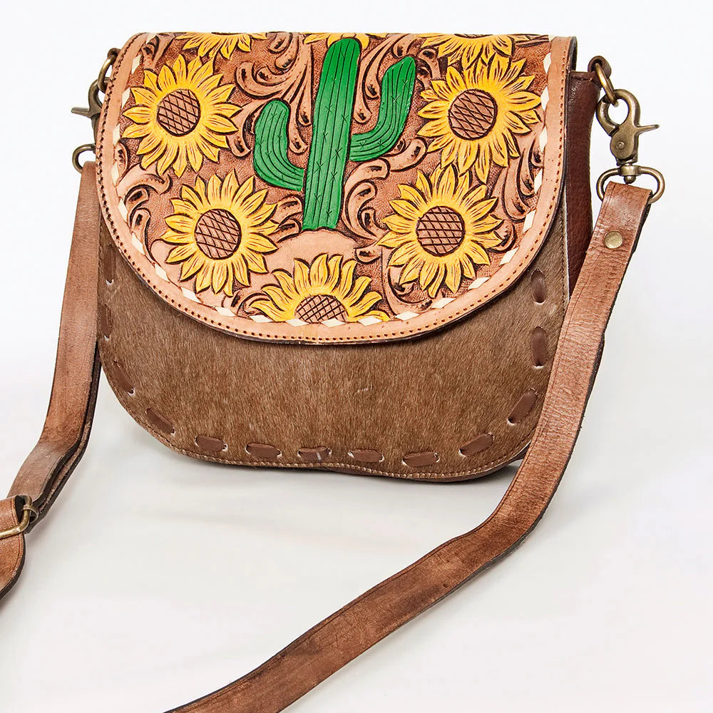 American Darling Messenger Bag Floral Hand Tooled Leather and Hair on Hide