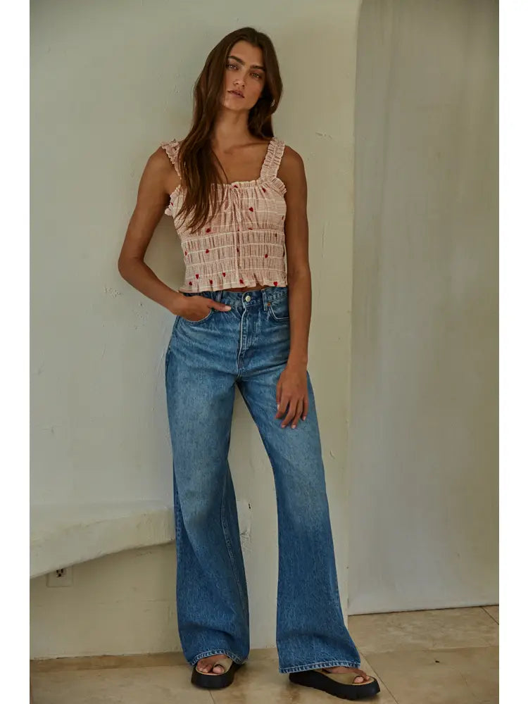 Woven Linen Cotton Striped Heart Embroidered Top