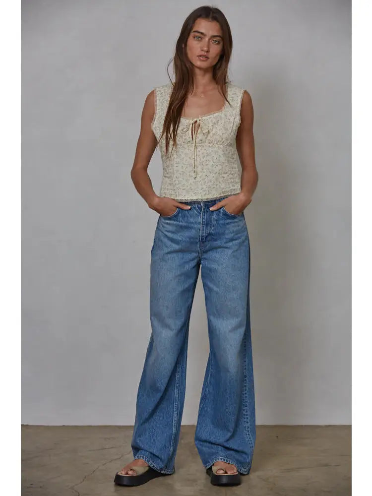 Woven Cotton Floral Print Square Neck Sleeveless Top