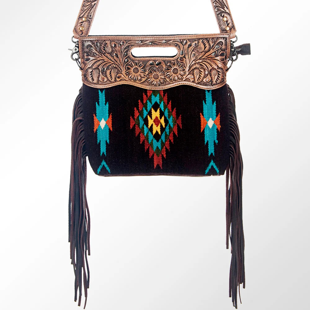 American Darling Saddle Blanket Tooled Fringe Handbag