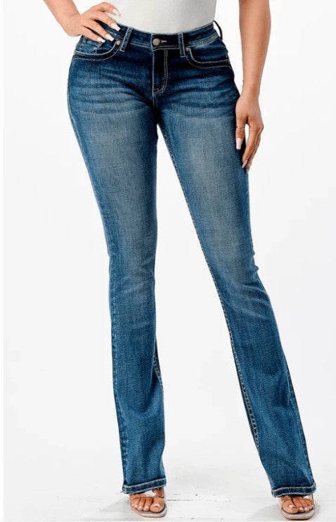 Grace in LA Wmns Steerhead Print Pocket with Embroidery Border Boot Cut Jeans