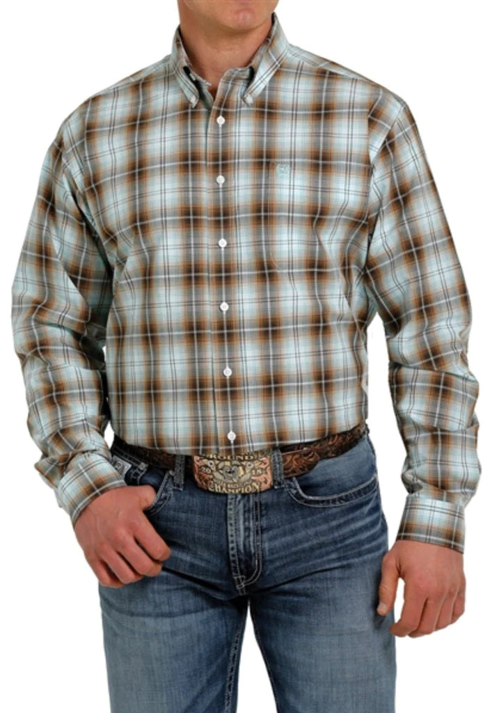 Cinch Mens Button Down Shirt Brown/Blue - Black Friday Sale