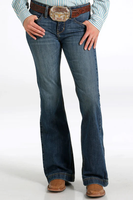 Cinch Wmns Lynden Stretch Trouser Mid Rise Slim Flare Leg Jeans - Medium Stonewash