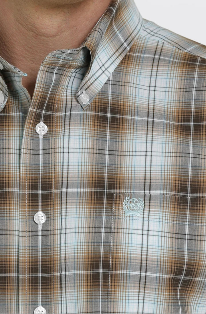 Cinch Mens Button Down Shirt Brown/Blue - Black Friday Sale