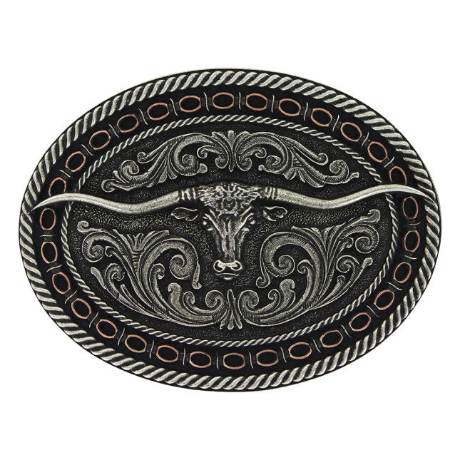 Attitude Belt Buckle - Two Toned Antiqued Round Barbed Longhorn