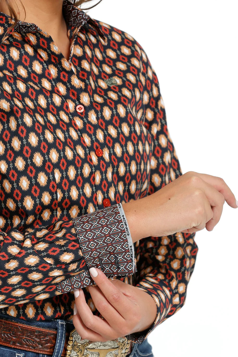 Cinch Wmns Navy Southwestern Button Down Shirt - Black Friday Sale