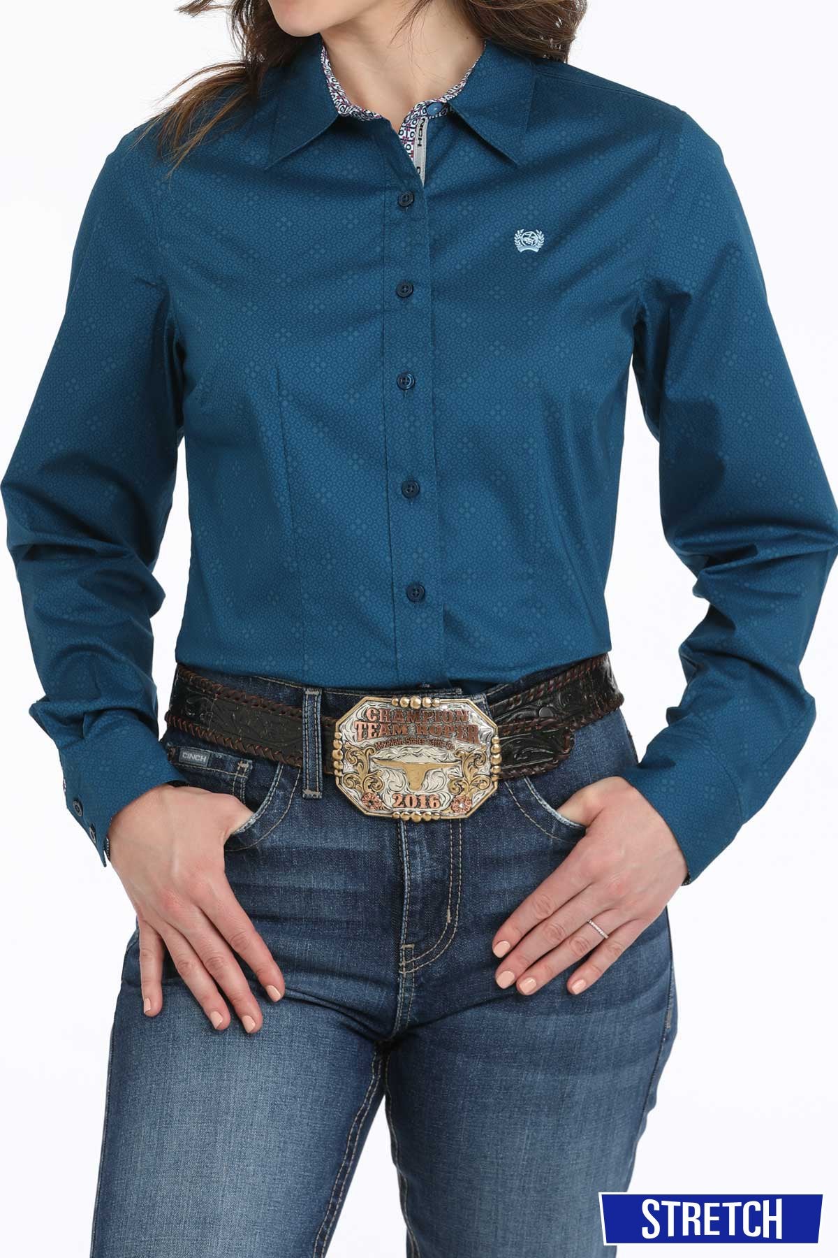 Cinch Wmns Geometric Print Button Down Shirt Blue