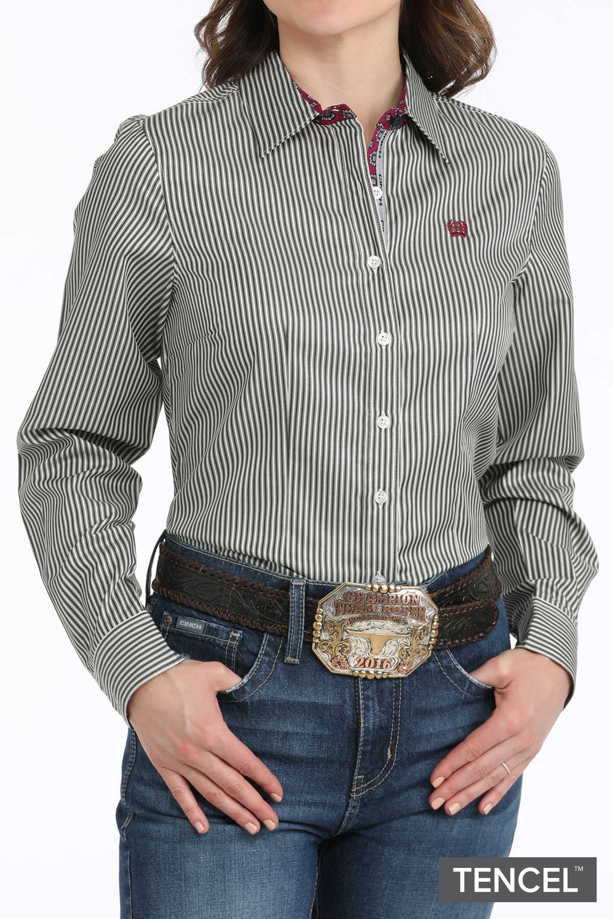 Cinch Wmns Tencel Black/White Stripe Shirt