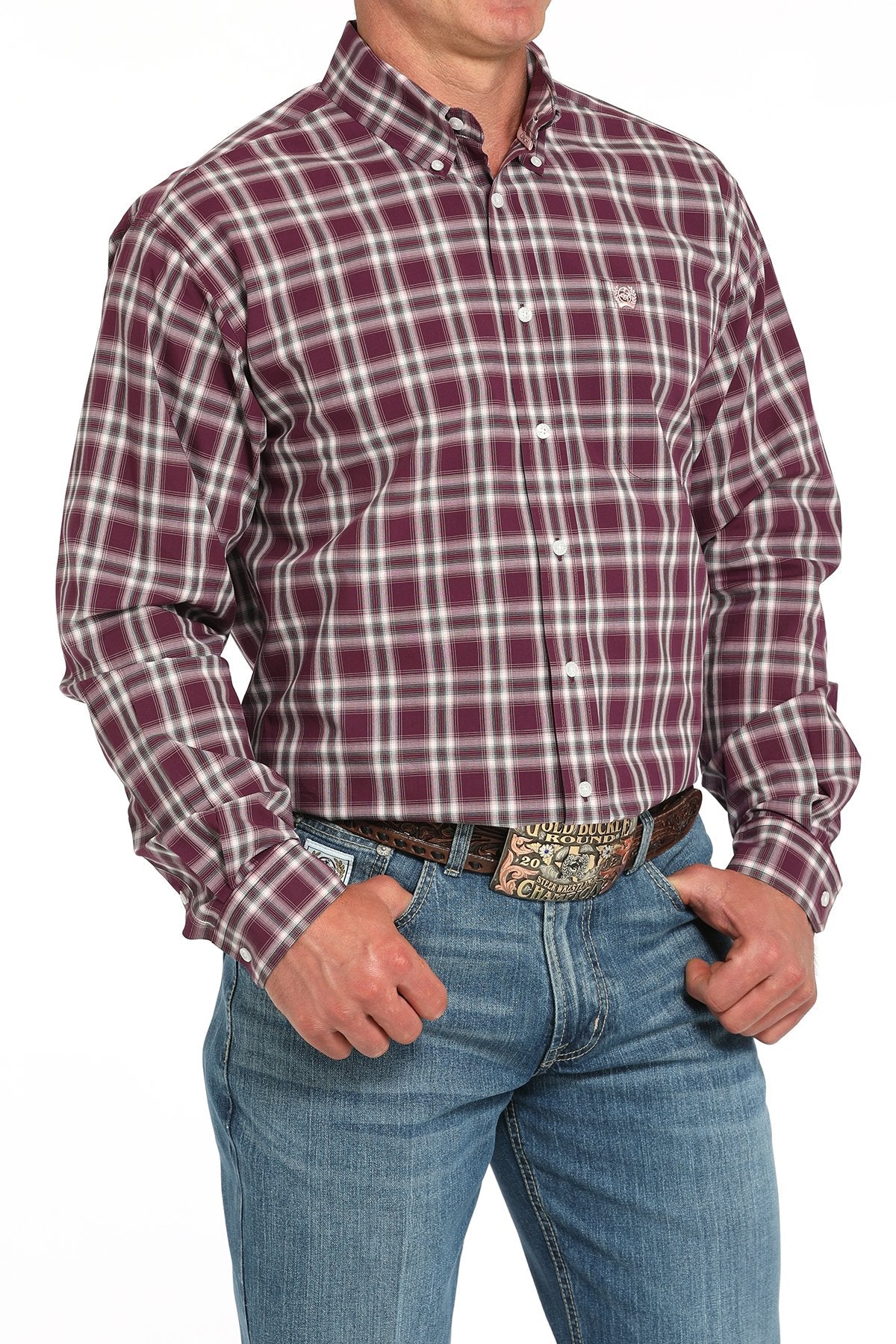 Cinch Mens Plaid Button Down Western Shirt - Purple