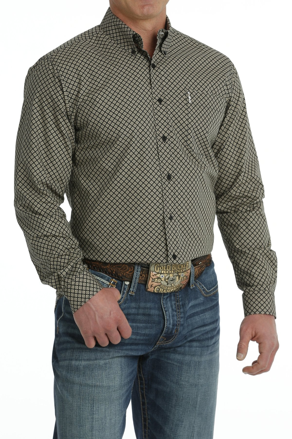 Cinch Mns Modern Fit Button Down Western Shirt Black/Khaki