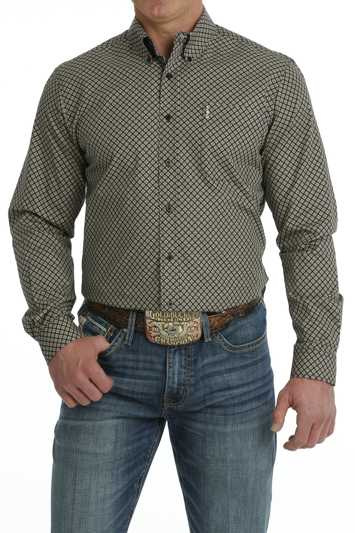 Cinch Mns Modern Fit Button Down Western Shirt Black/Khaki