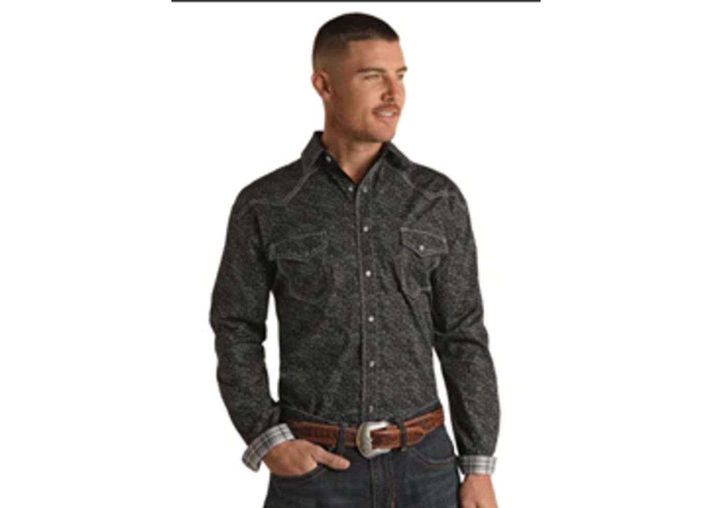 Rock and Roll Slim Denim Fit Graphic Long Sleeve Snap Shirt