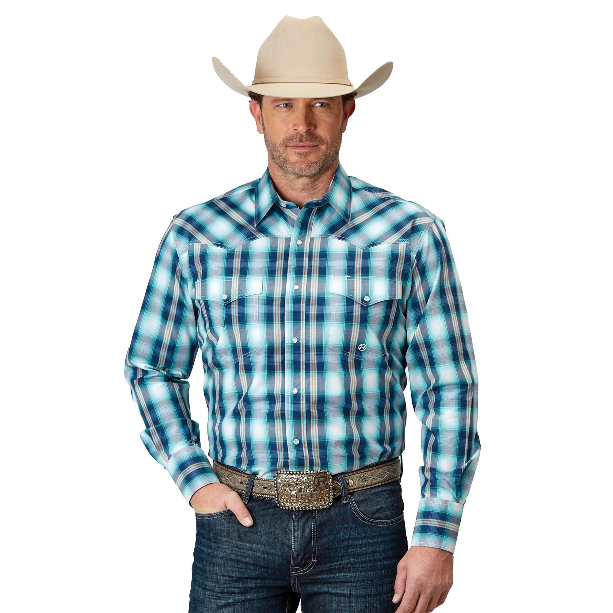 Roper Mns Amarillo Collection LS Shirt Plaid Blue