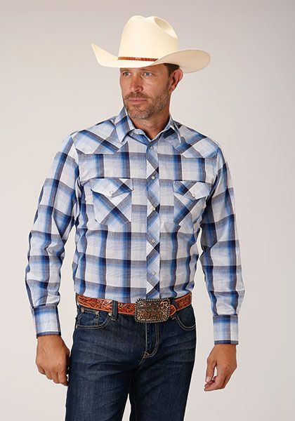 Roper Mns Karman Classic 55/45 Collection LS Shirt Plaid Blue - EOFY Sale