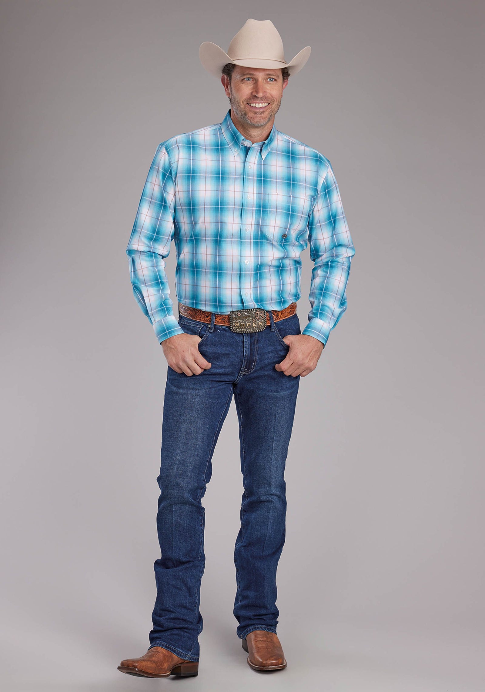 Roper Mns Amarillo Collection LS Shirt Plaid Blue
