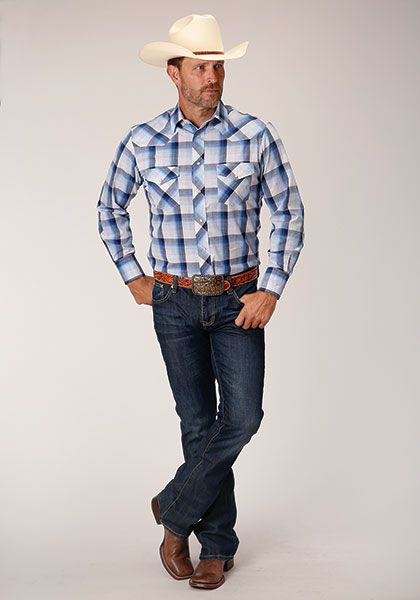 Roper Mns Karman Classic 55/45 Collection LS Shirt Plaid Blue - EOFY Sale