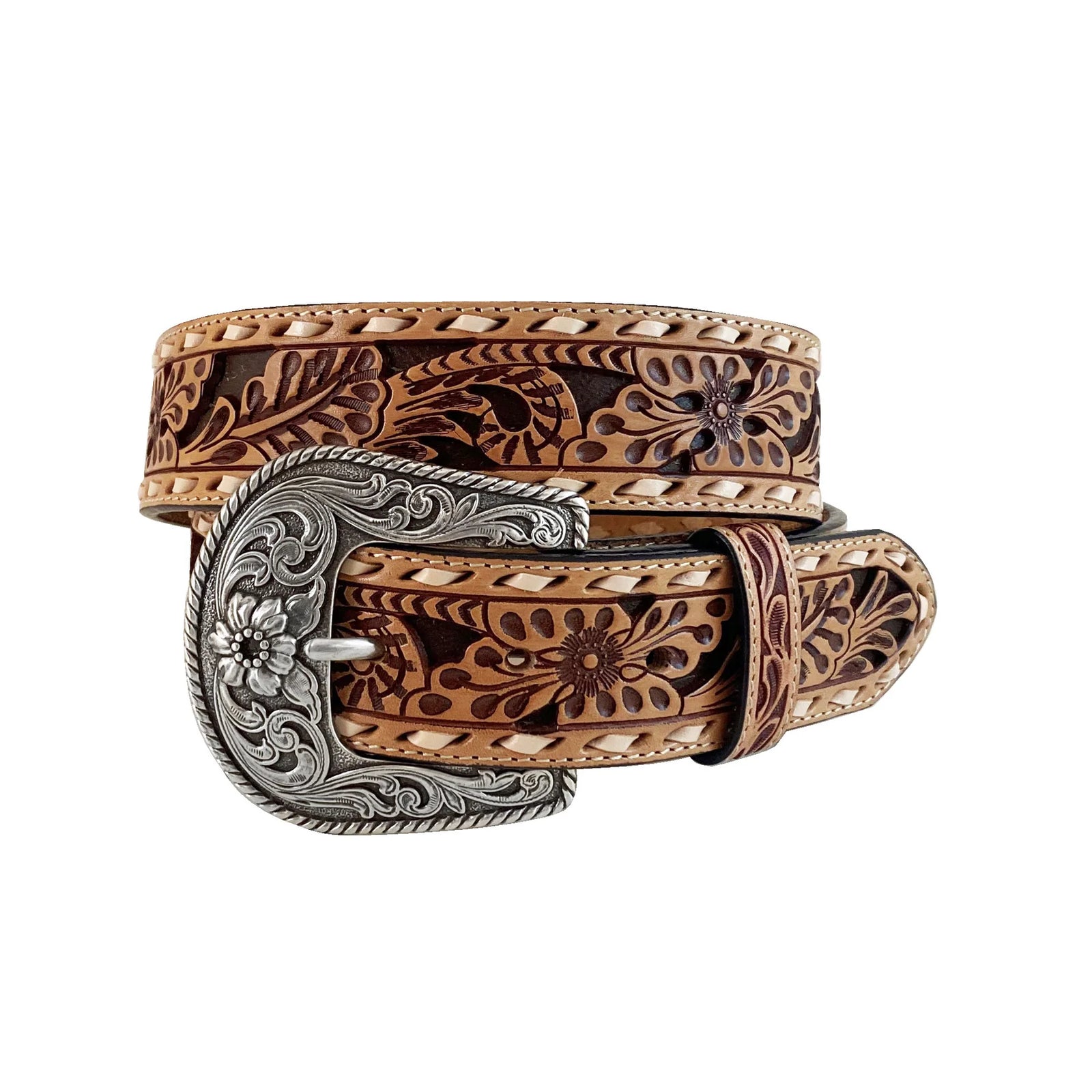 Roper Belt 1.5in Floral Tooled Genuine Leather Natural - EOFY Sale