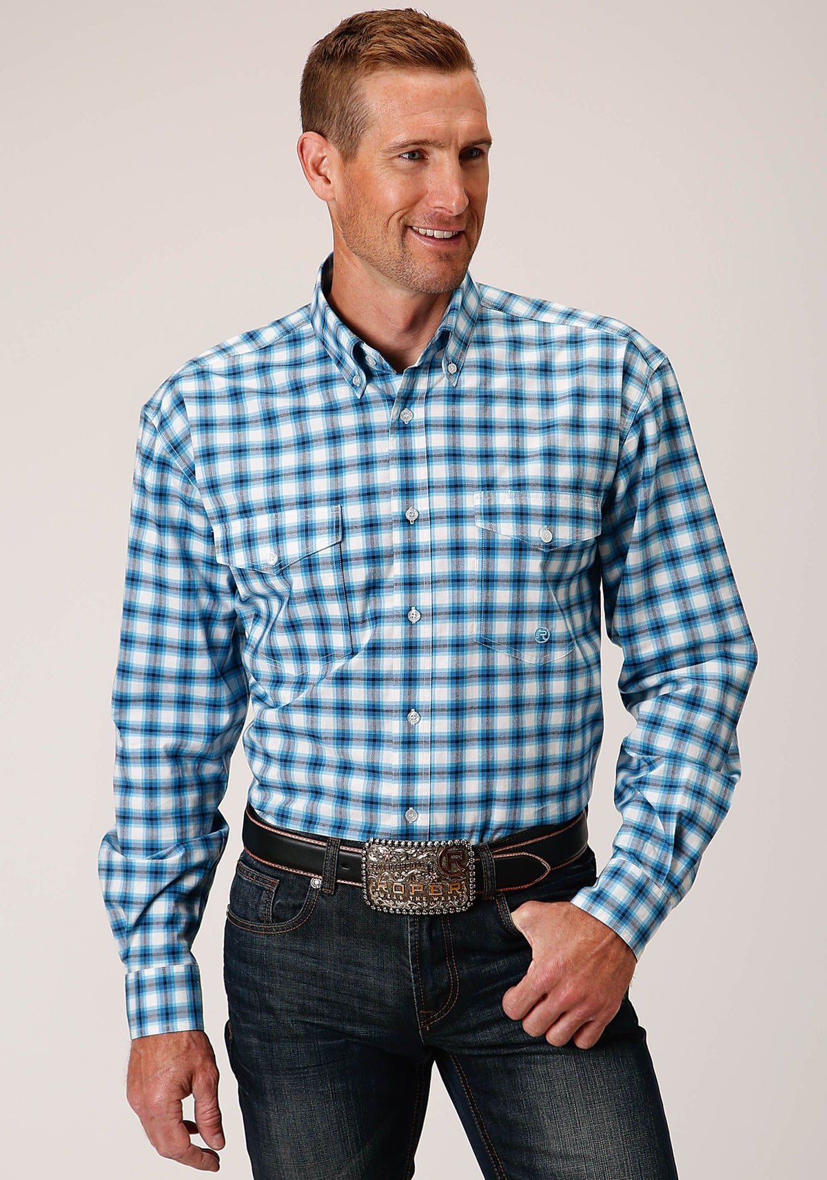 Roper Mns Amarillo Collection LS Shirt Plaid Blue - EOFY Sale
