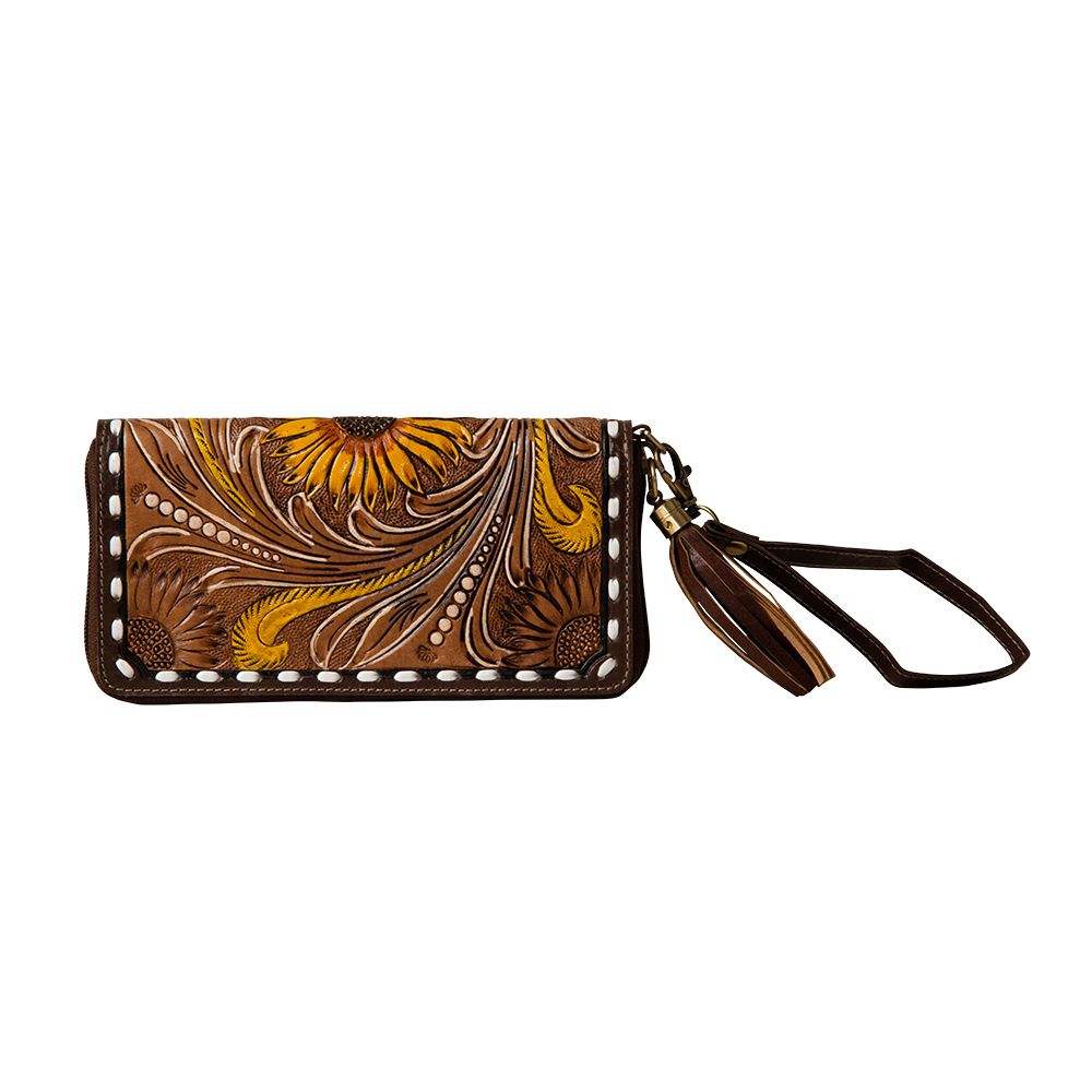 Radiant Sunflowers Hand Tooled Clutch Wallet