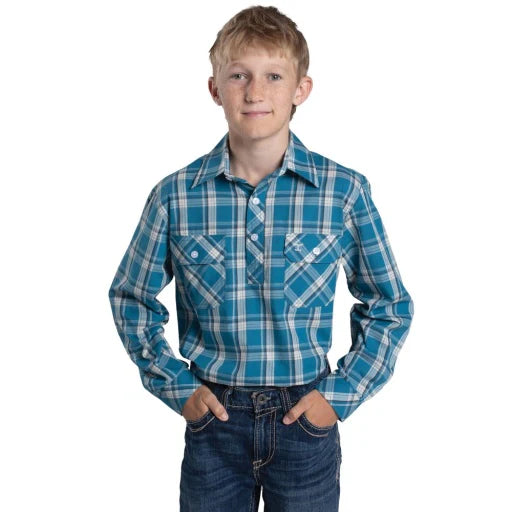 Just Country Bys Brayden Hafl Button Print Workshirt Petrol Plaid