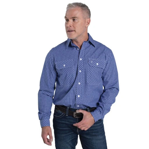 Just Country Mns Austin Full Button Print Workshirt Ultramarine Blue and White Mini Check