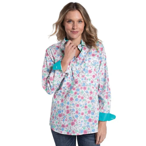 Just Country Wmns Georgie Half Button Print Workshirt Confetti Floral/Turquoise