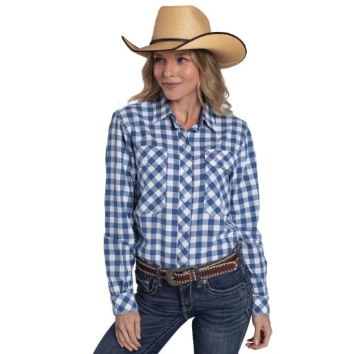 Just Country Wmns Abbey Full Button Print Workshirt True Blue and White Large Check