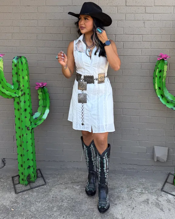 Lucky and Blessed Ivory Sleevless Lace Inset Button Front Shirt Dress