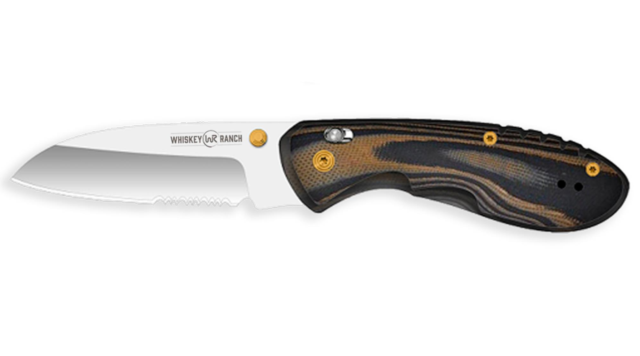 Whiskey Bent Pocket Knife Single Blade Catch Pin Lock with Clip 60/40 Serrated Chaps