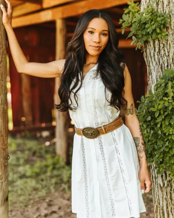Lucky and Blessed Ivory Sleevless Lace Inset Button Front Shirt Dress