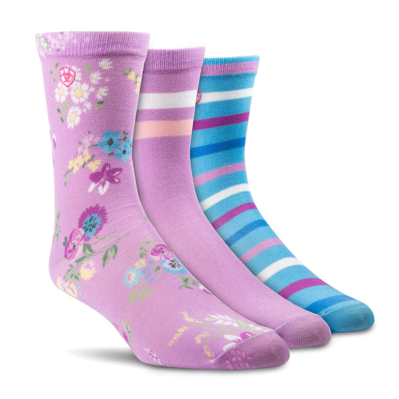 Ariat Uni Violet Floral Crew Socks Violet 3 Pack