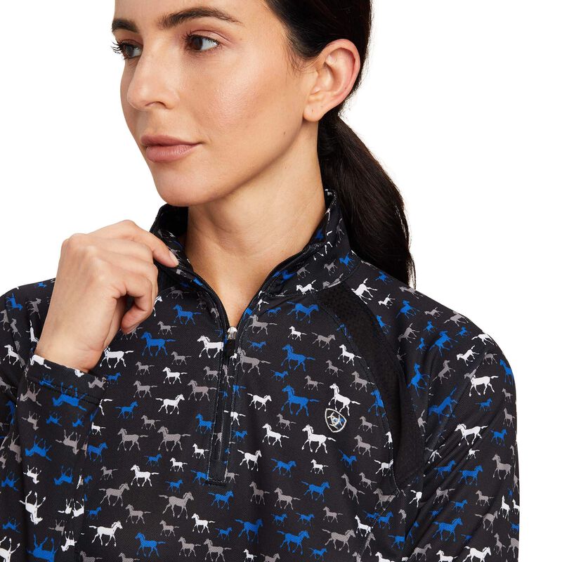 Ariat Wms Sunstopper 2.0 1/4 Zip LS Baselayer Black Busy Pony Print