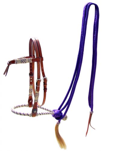 Showman Futurity Knot Bosal with Purple and Natural Rawhide and Purple Mecate Reins