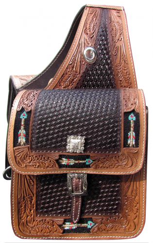 Showman Dark and Medium Leather Saddle Bag with Basketweave and Leaf Tooling and Beaded Arrow Inlay
