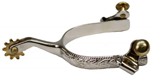 Showman Chrome Plated Ladies Size Engraved Spurs with brass Rowels