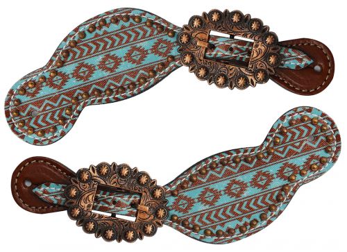 Showman Ladies Teal And Brown Navajo Diamond Print Spur Straps With Copper Buckles - EOFY Sale