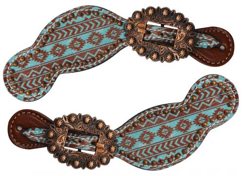 Showman Ladies Teal And Brown Navajo Diamond Print Spur Straps With Copper Buckles