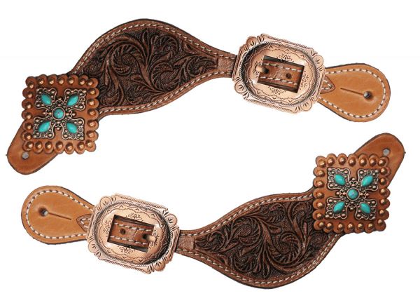 Showman Ladies Tooled Leather Spur Straps with Vintage Turquoise Stone Conchos