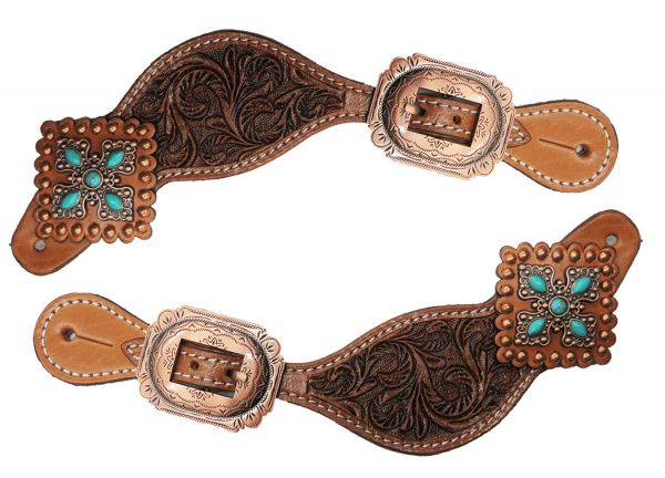 Showman Ladies Tooled Leather Spur Straps with Vintage Turquoise Stone Conchos