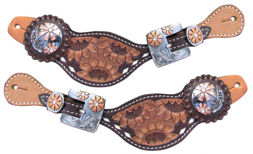 Showman Ladies Spur Straps with Tooled Sunflowers and Natural Buckstitch Trim