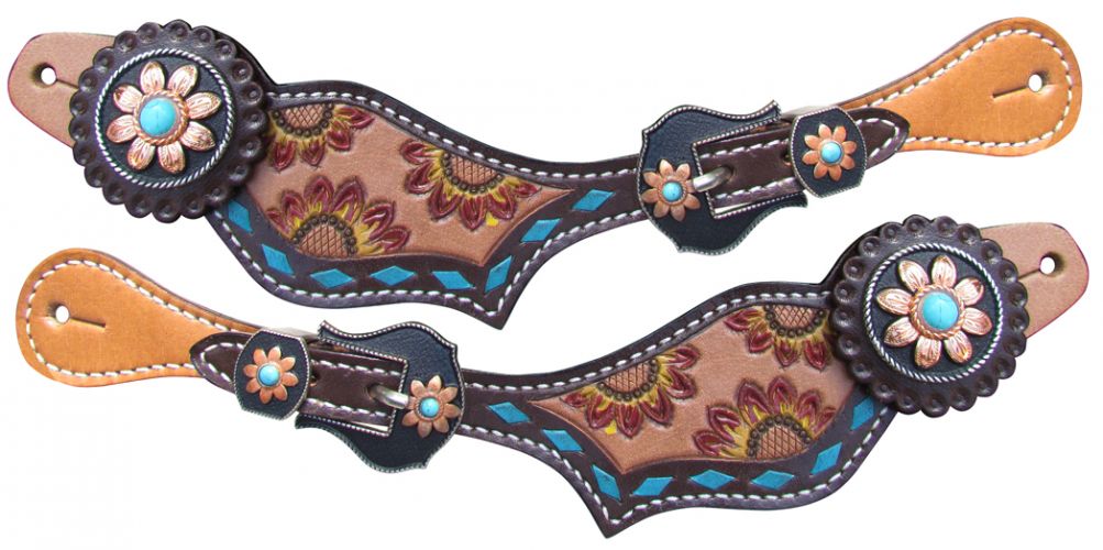 Showman Ladies Spur Straps with Red and Yellow Hand Painted Sunflowers and Turquoise Stone Conchos - EOFY Sale