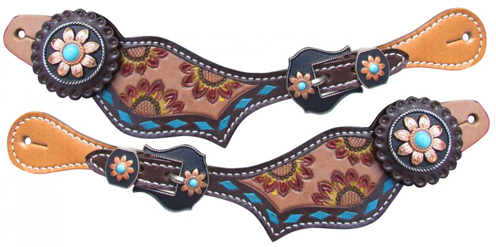 Showman Ladies Spur Straps with Red and Yellow Hand Painted Sunflowers and Turquoise Stone Conchos