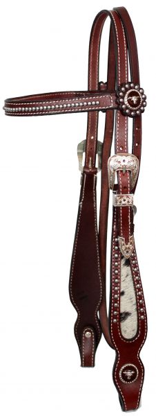 Showman Leather Browband Beaded Bridle and Reins with Hair on Cowhide Cheeks