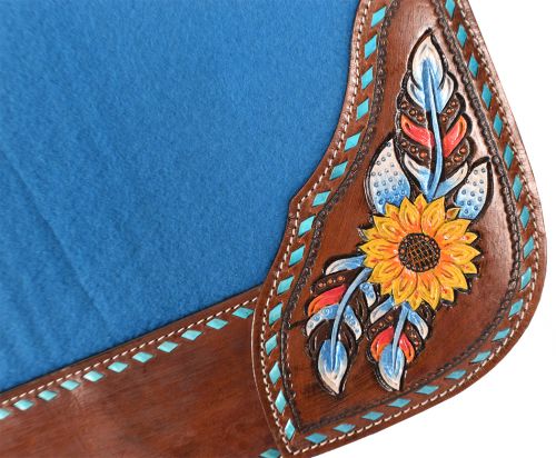 Showman ® 31 x 32 x 1in Turquoise felt saddle pad with hand painted sunflower, and star design