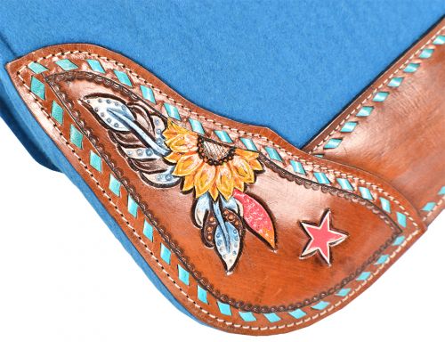 Showman ® 31 x 32 x 1in Turquoise felt saddle pad with hand painted sunflower, and star design