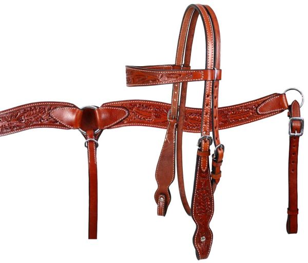 Showman Double Stitched Leather Browband Bridle and Breastplate Set with Acorn Tooling